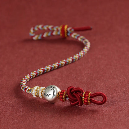 Buddha Stones Year of the Horse 999 Sterling Silver Dunhuang Color String Braided Luck Bracelet