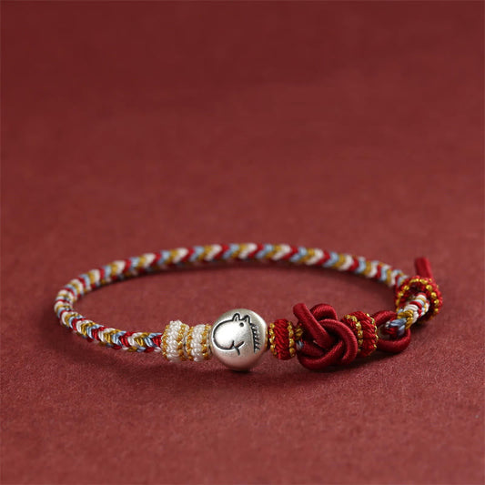 Buddha Stones Year of the Horse 999 Sterling Silver Dunhuang Color String Braided Luck Bracelet