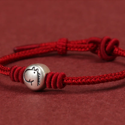 Buddha Stones Year of the Horse 999 Sterling Silver Red String Braided Connection Bracelet