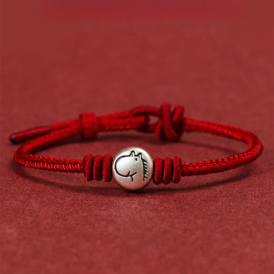 Buddha Stones Year of the Horse 999 Sterling Silver Red String Braided Connection Bracelet