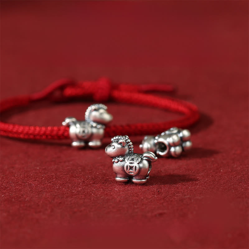Buddha Stones Year of the Horse 999 Sterling Silver Red String Copper Coins Braided Luck Bracelet