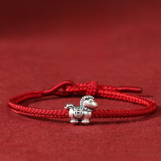 Buddha Stones Year of the Horse 999 Sterling Silver Red String Copper Coins Braided Luck Bracelet