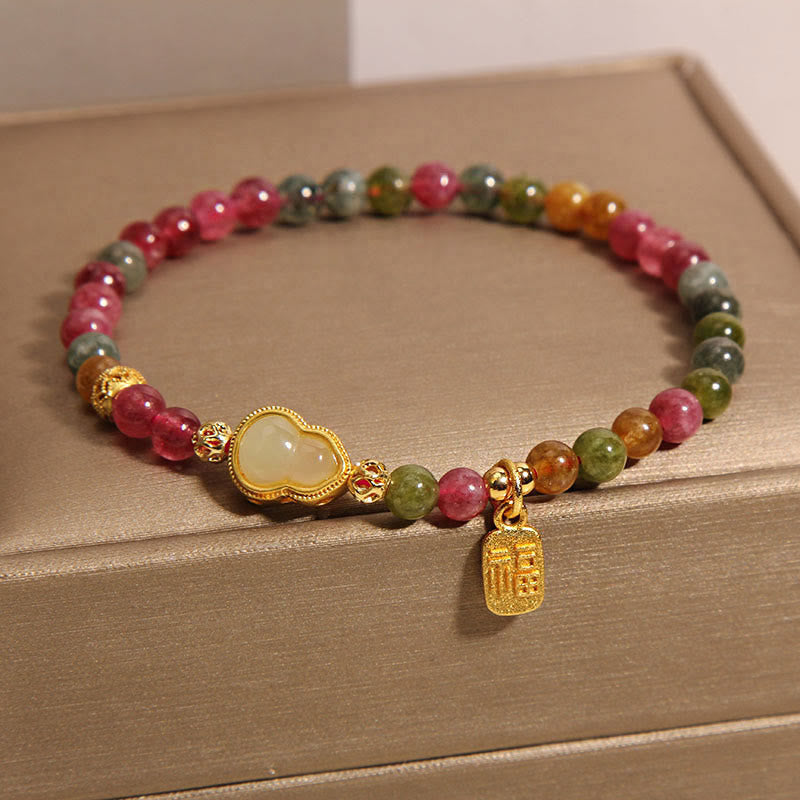 Buddha Stones Tourmaline Colorful Stone Fu Character Positive Bracelet