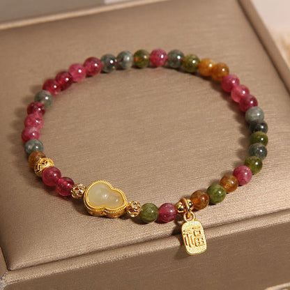 Buddha Stones Tourmaline Colorful Stone Fu Character Positive Bracelet