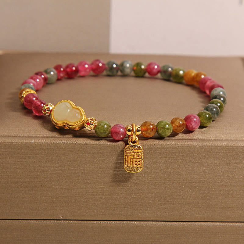 Buddha Stones Tourmaline Colorful Stone Fu Character Positive Bracelet