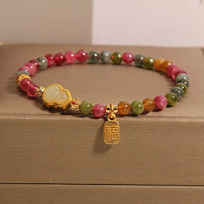 Buddha Stones Tourmaline Colorful Stone Fu Character Positive Bracelet