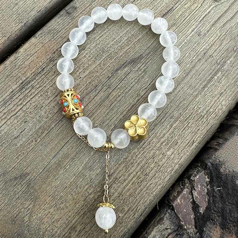 Buddha Stones Tibetan White Agate Crystal Stone Flowers Positivity Bracelet