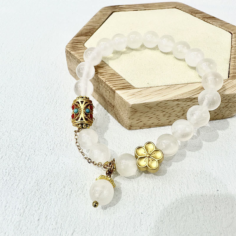 Buddha Stones Tibetan White Agate Crystal Stone Flowers Positivity Bracelet