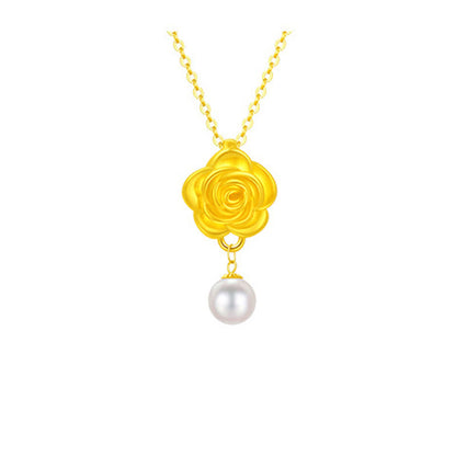 Buddha Stones 999 Sterling Silver Plated Gold Camellia Pearl Healing Necklace Pendant