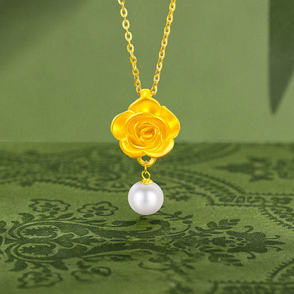 Buddha Stones 999 Sterling Silver Plated Gold Camellia Pearl Healing Necklace Pendant