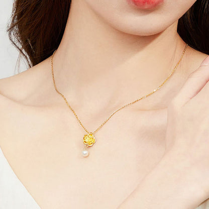 Buddha Stones 999 Sterling Silver Plated Gold Camellia Pearl Healing Necklace Pendant