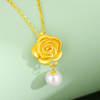 Buddha Stones 999 Sterling Silver Plated Gold Camellia Pearl Healing Necklace Pendant