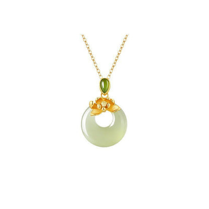 Buddha Stones 925 Sterling Silver Plated Gold Hetian Jade Lotus Luck Necklace Pendant