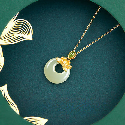 Buddha Stones 925 Sterling Silver Plated Gold Hetian Jade Lotus Luck Necklace Pendant