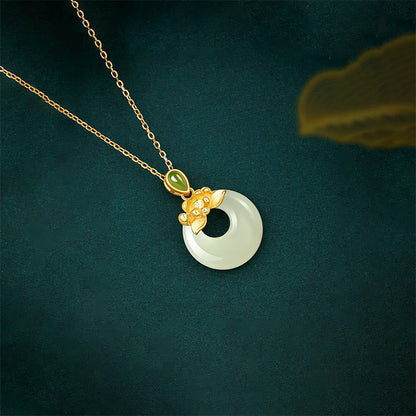 Buddha Stones 925 Sterling Silver Plated Gold Hetian Jade Lotus Luck Necklace Pendant