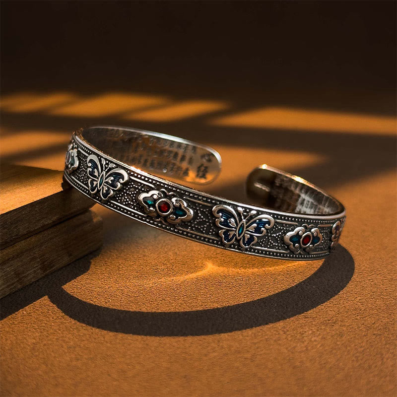 Buddha Stones Heart Sutra Butterfly Copper Enamel Healing Open Adjustable Bracelet Bangle