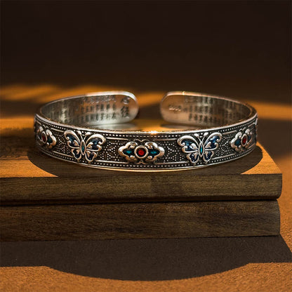 Buddha Stones Heart Sutra Butterfly Copper Enamel Healing Open Adjustable Bracelet Bangle