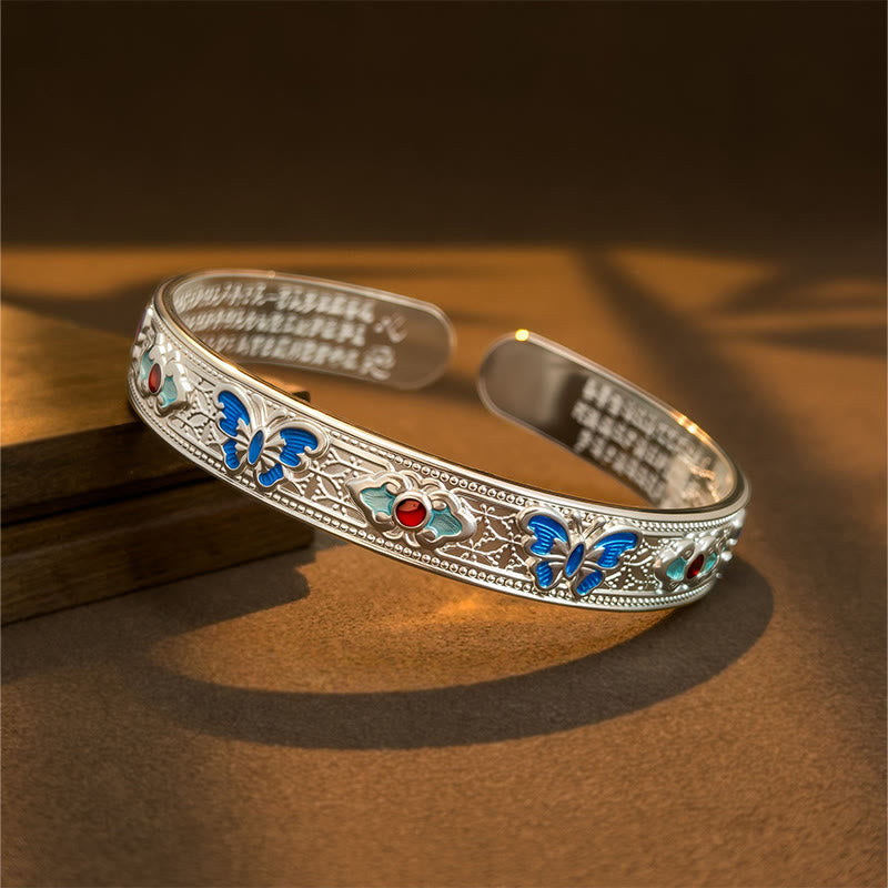 Buddha Stones Heart Sutra Butterfly Copper Enamel Healing Open Adjustable Bracelet Bangle