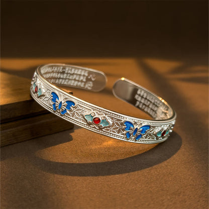 Buddha Stones Heart Sutra Butterfly Copper Enamel Healing Open Adjustable Bracelet Bangle