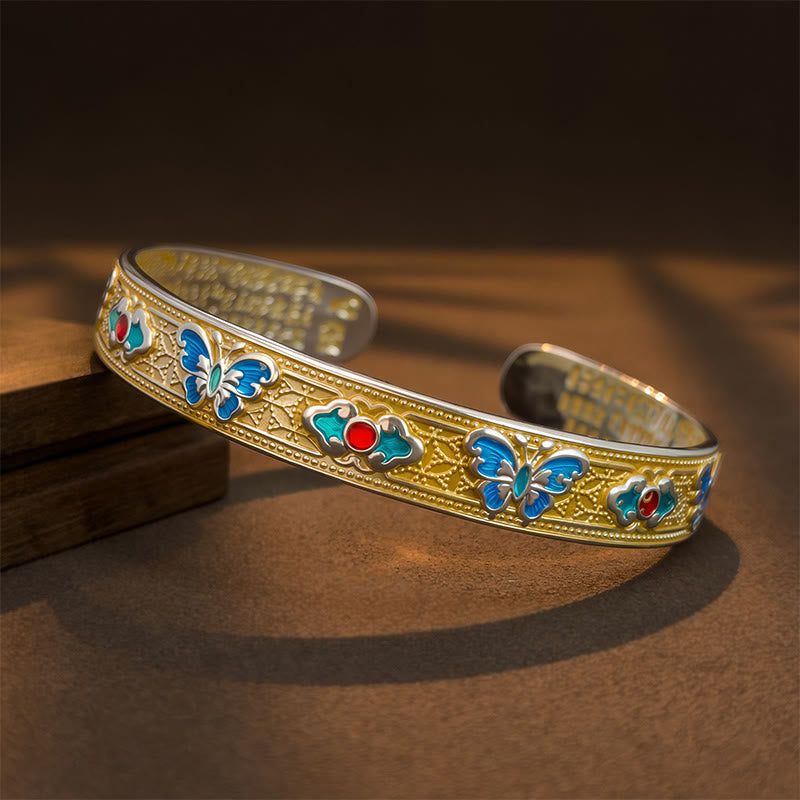 Buddha Stones Heart Sutra Butterfly Copper Enamel Healing Open Adjustable Bracelet Bangle
