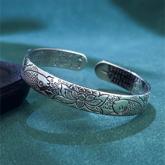 Buddha Stones Heart Sutra Koi Fish Lotus Copper Wealth Open Adjustable Bracelet Bangle