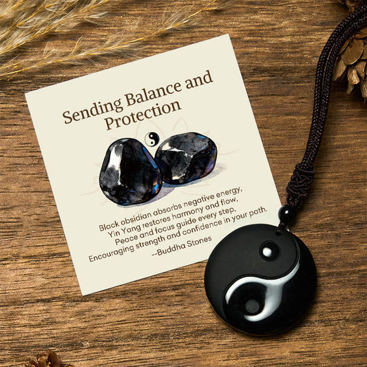 Buddha Stones "Sending Balance and Protection" Obsidian Yin Yang Necklace Includes Gift Message Card