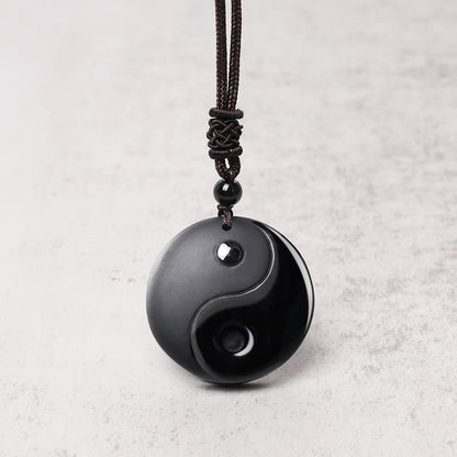 Buddha Stones "Sending Balance and Protection" Obsidian Yin Yang Necklace Includes Gift Message Card