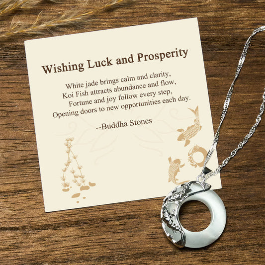 Buddha Stones "Wishing Luck and Prosperity" White Jade Koi Fish Necklace Includes Gift Message Card