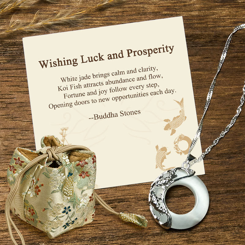 Buddha Stones "Wishing Luck and Prosperity" White Jade Koi Fish Necklace Includes Gift Message Card
