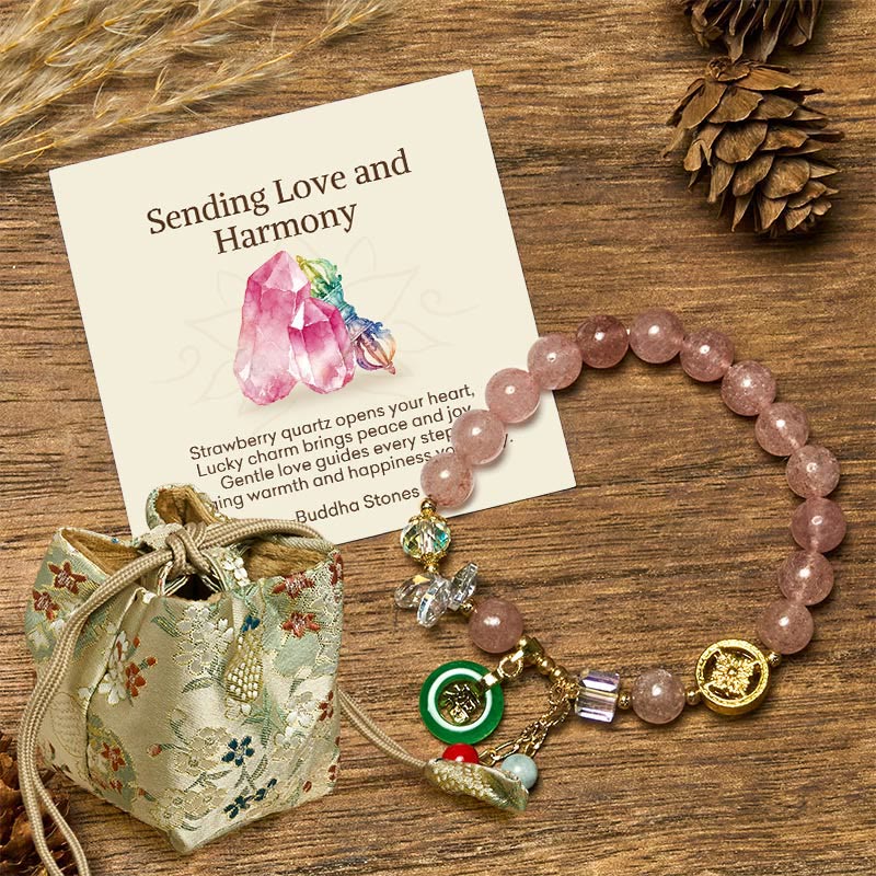 Buddha Stones "Sending Love and Harmony"Strawberry Quartz Bracelet Includes Gift Message Card
