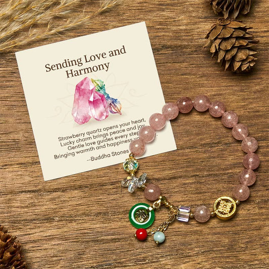 Buddha Stones "Sending Love and Harmony"Strawberry Quartz Bracelet Includes Gift Message Card