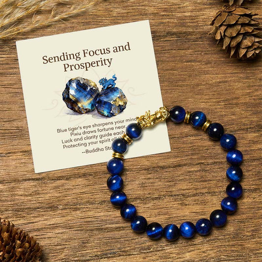Buddha Stones "Sending Focus and Prosperity" Tiger Eye Pixiu Bracelet Includes Gift Message Card