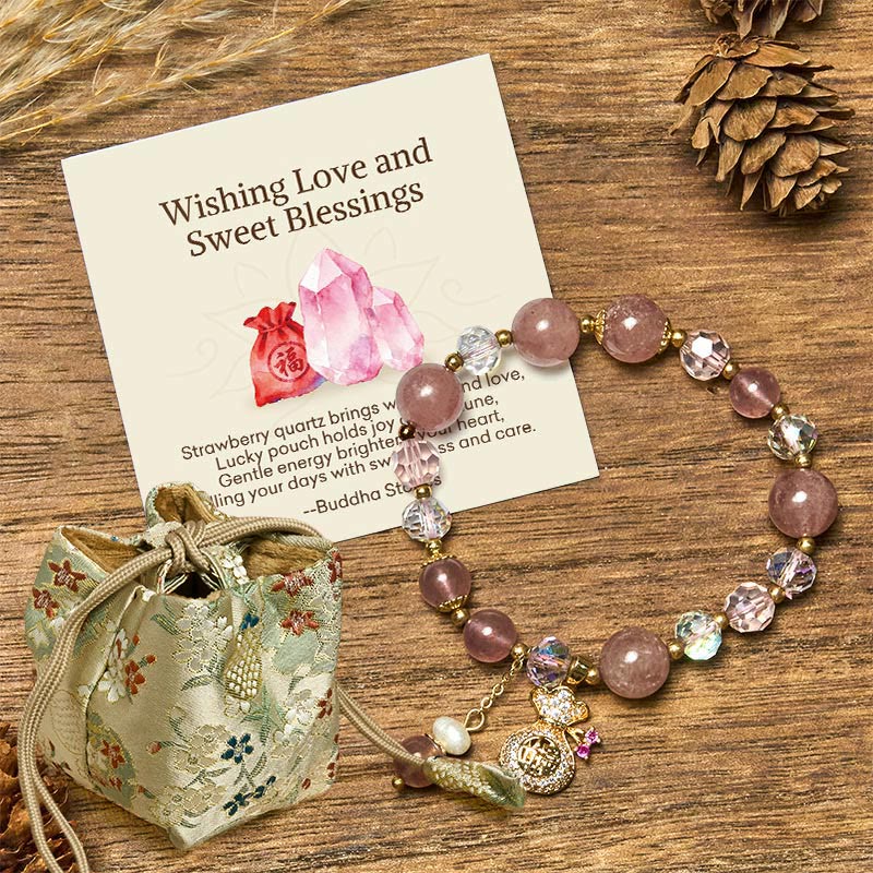 Buddha Stones "Wishing Love and Sweet Blessings"Strawberry Quartz Bracelet Includes Gift Message Card