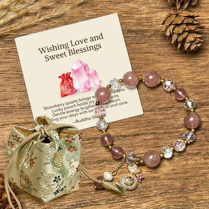 Buddha Stones "Wishing Love and Sweet Blessings"Strawberry Quartz Bracelet Includes Gift Message Card