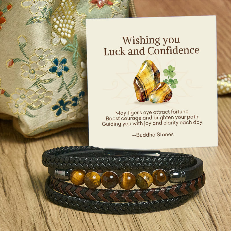 Buddha Stones "Wishing You Luck and Confidence" Tiger Eye Leather Includes Gift Message Card