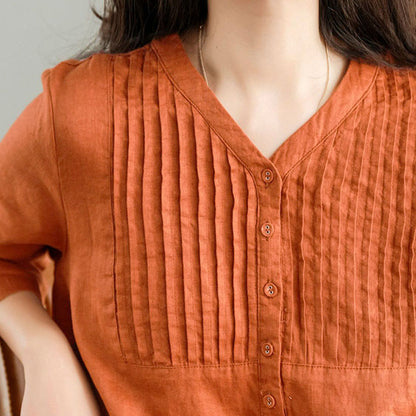 Buddha Stones Casual Plain Accordion Pleats V-neck Half Sleeve Design Midi Dress With Pockets