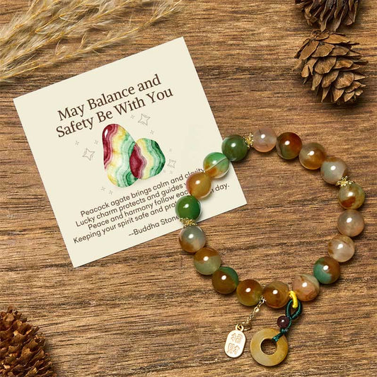 Buddha Stones "May Balance and Safety Be With You"Peacock Agate Bracelet Includes Gift Message Card