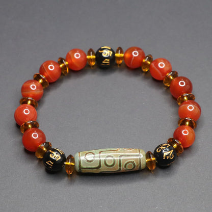 Buddha Stones Red Agate Nine-eye Dzi Bead Six True Words Calm Bracelet