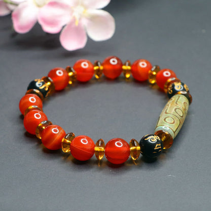 Buddha Stones Red Agate Nine-eye Dzi Bead Six True Words Calm Bracelet