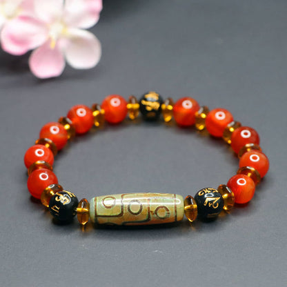 Buddha Stones Red Agate Nine-eye Dzi Bead Six True Words Calm Bracelet