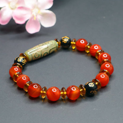 Buddha Stones Red Agate Nine-eye Dzi Bead Six True Words Calm Bracelet