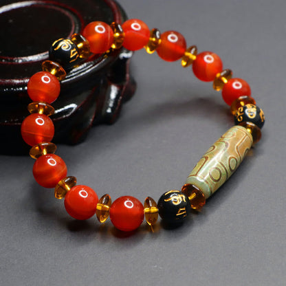 Buddha Stones Red Agate Nine-eye Dzi Bead Six True Words Calm Bracelet