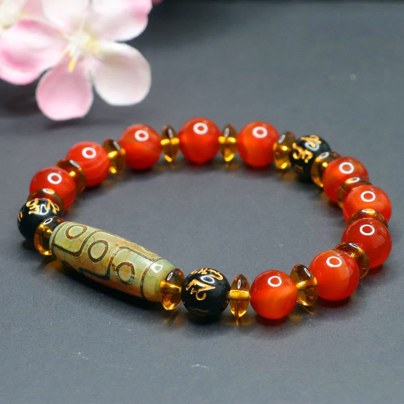 Buddha Stones Red Agate Nine-eye Dzi Bead Six True Words Calm Bracelet