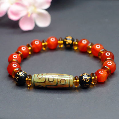 Buddha Stones Red Agate Nine-eye Dzi Bead Six True Words Calm Bracelet