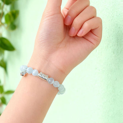 Buddha Stones 999 Sterling Silver Natural Cat Head White Cat's Eye White Agate Positive Bracelet
