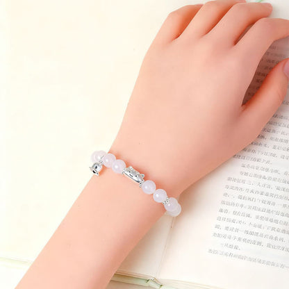 Buddha Stones 999 Sterling Silver Natural Cat Head White Cat's Eye White Agate Positive Bracelet