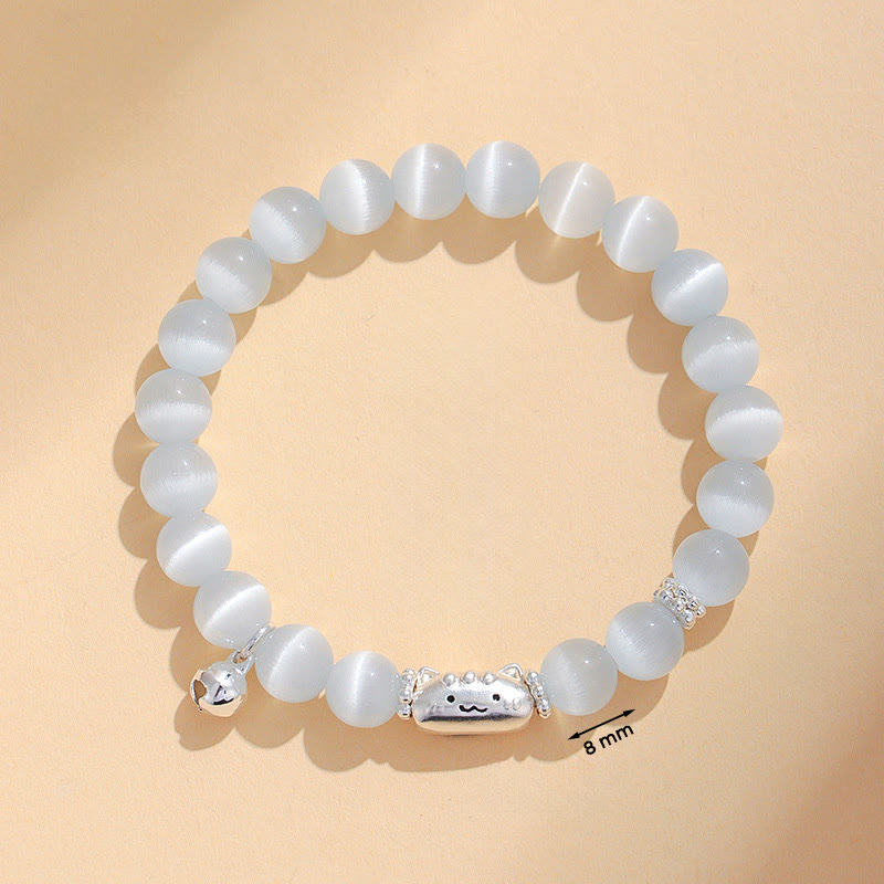 Buddha Stones 999 Sterling Silver Natural Cat Head White Cat's Eye White Agate Positive Bracelet
