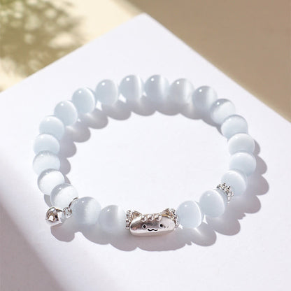 Buddha Stones 999 Sterling Silver Natural Cat Head White Cat's Eye White Agate Positive Bracelet