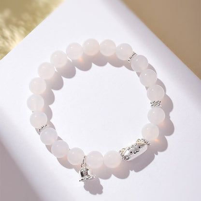 Buddha Stones 999 Sterling Silver Natural Cat Head White Cat's Eye White Agate Positive Bracelet