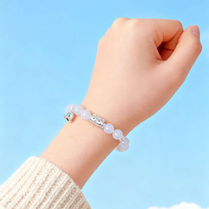 Buddha Stones 999 Sterling Silver Natural Cat Head White Cat's Eye White Agate Positive Bracelet
